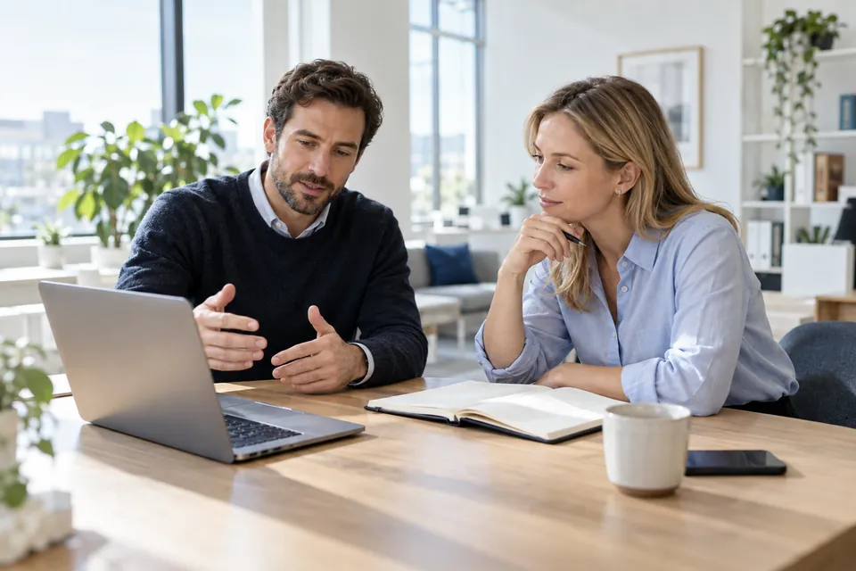 A digital product discussion with a laptop and notes on the table.