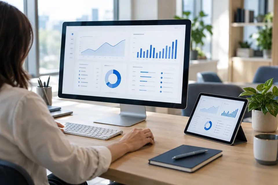 Computer and tablet with digital tools for everyday business tasks.