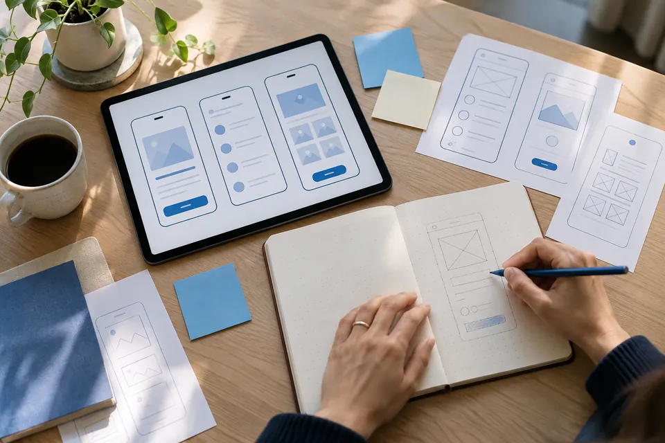 Planning an application with paper sketches and a tablet.